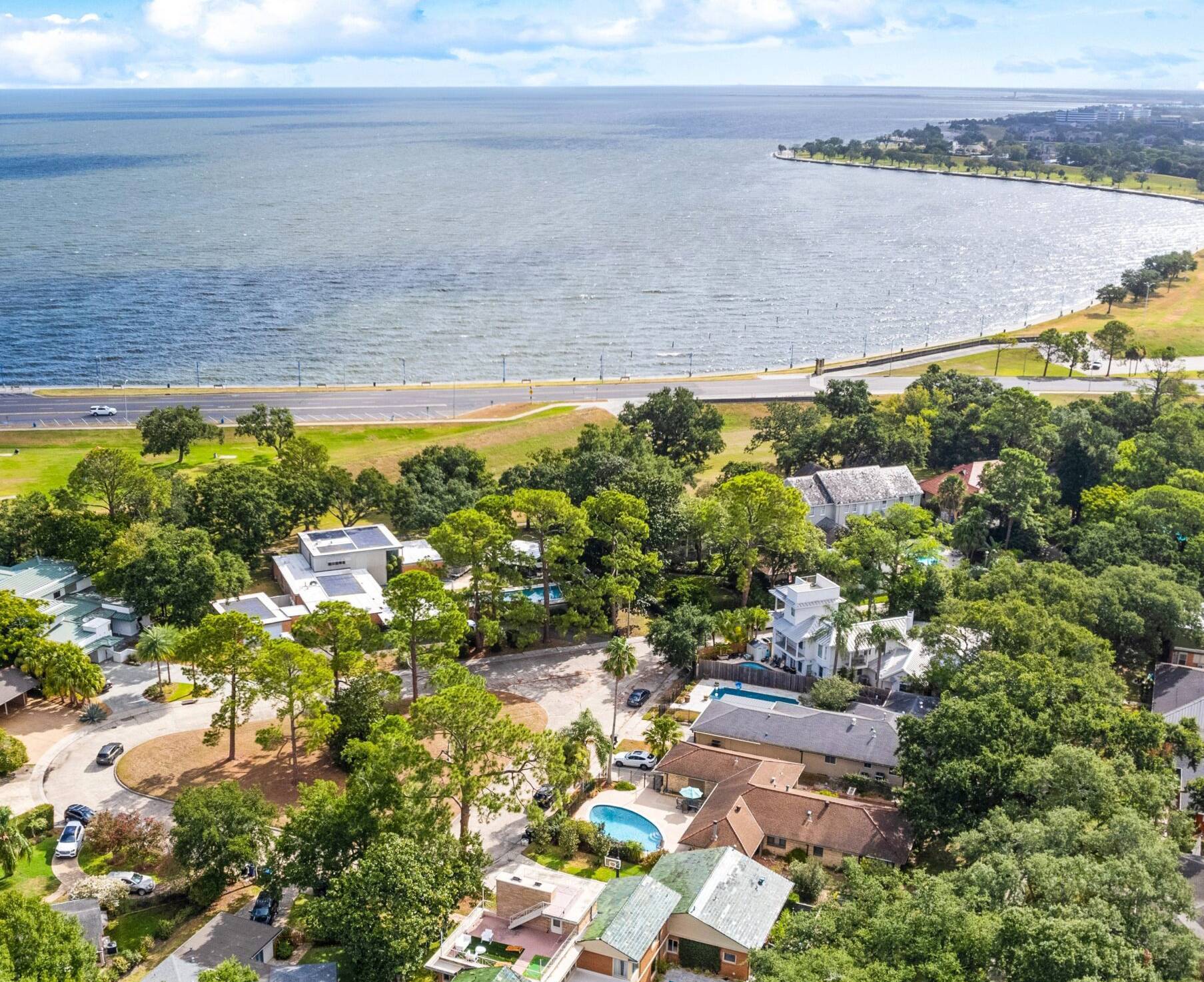 Aerial view of bayfront residential neighborhood