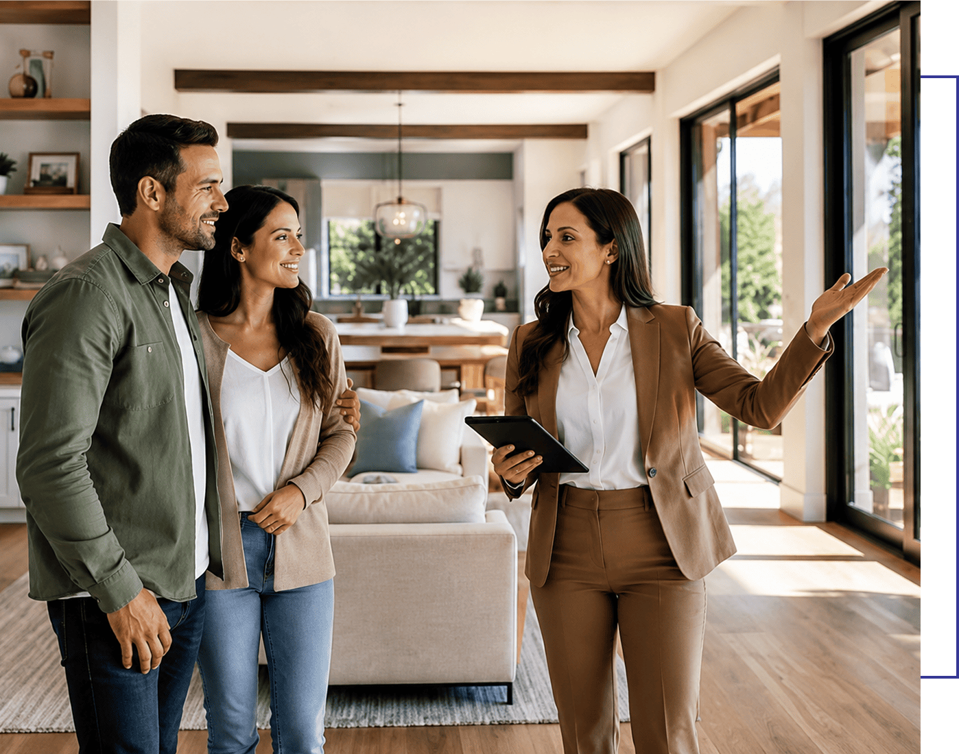 Realtor showing couple a modern living room